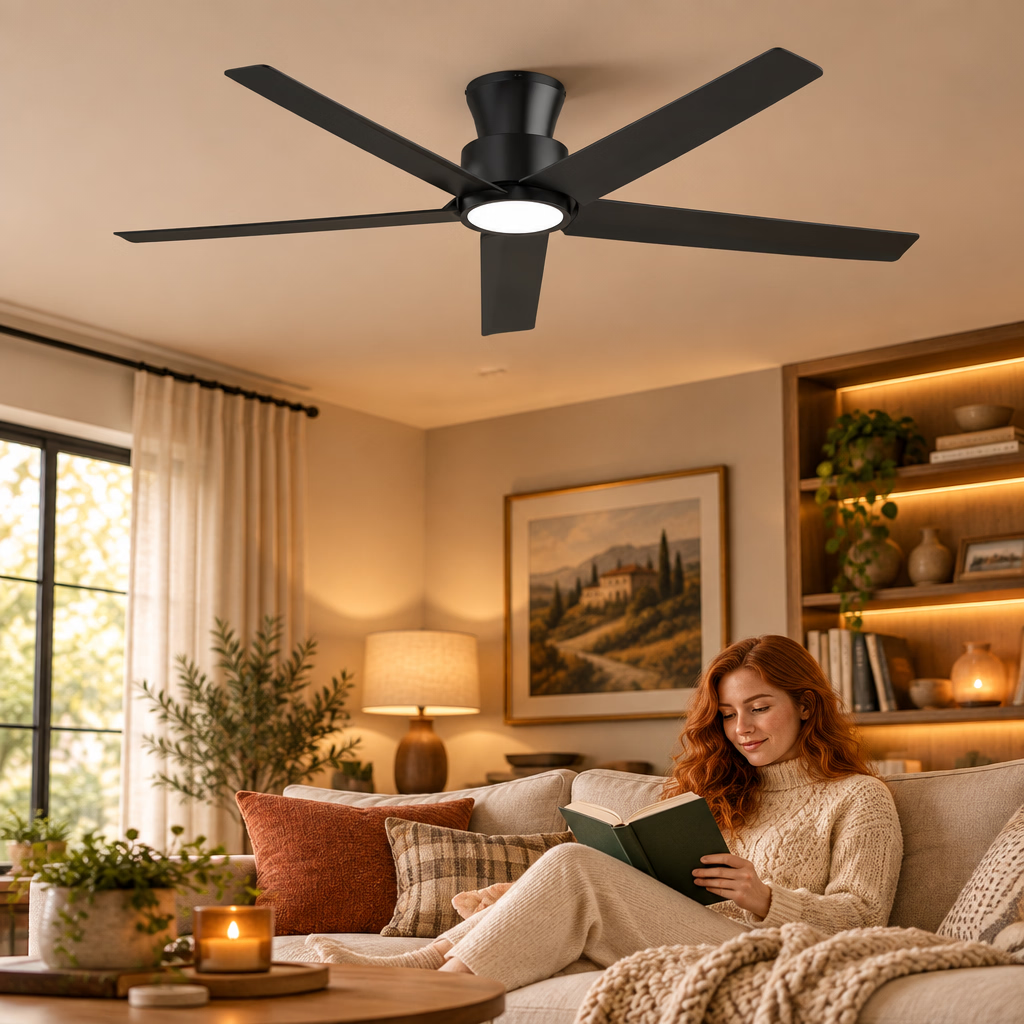 ocioc WFIVE 52-in Matte Black LED Flush Mount Ceiling Fan