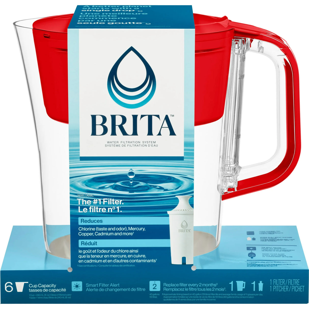 Brita Small 6 Cup Red Denali Water Filter Pitcher with 1 Brita Standard Filter