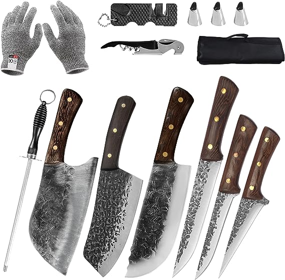 8/12pcs Butcher Knife Set Hand Forged chef knife Boning Knife With Sheath High Carbon Steel Carving Knife Fish Knife Chef Knife For Kitchen, Camping, BBQ