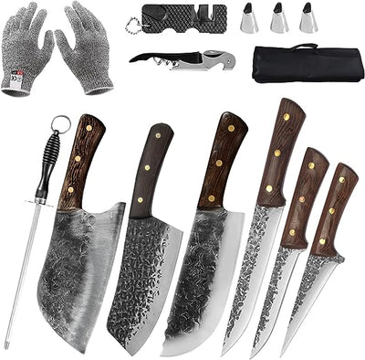 8/12pcs Butcher Knife Set Hand Forged chef knife Boning Knife With Sheath High Carbon Steel Carving Knife Fish Knife Chef Knife For Kitchen, Camping, BBQ