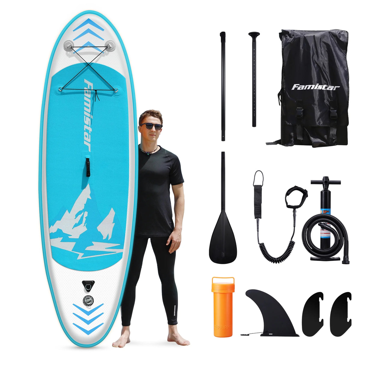 Famistar 8'7" Inflatable Stand Up Paddle Board SUP w/ 3 Fins, Adjustable Paddle, Pump & Carrying Backpack