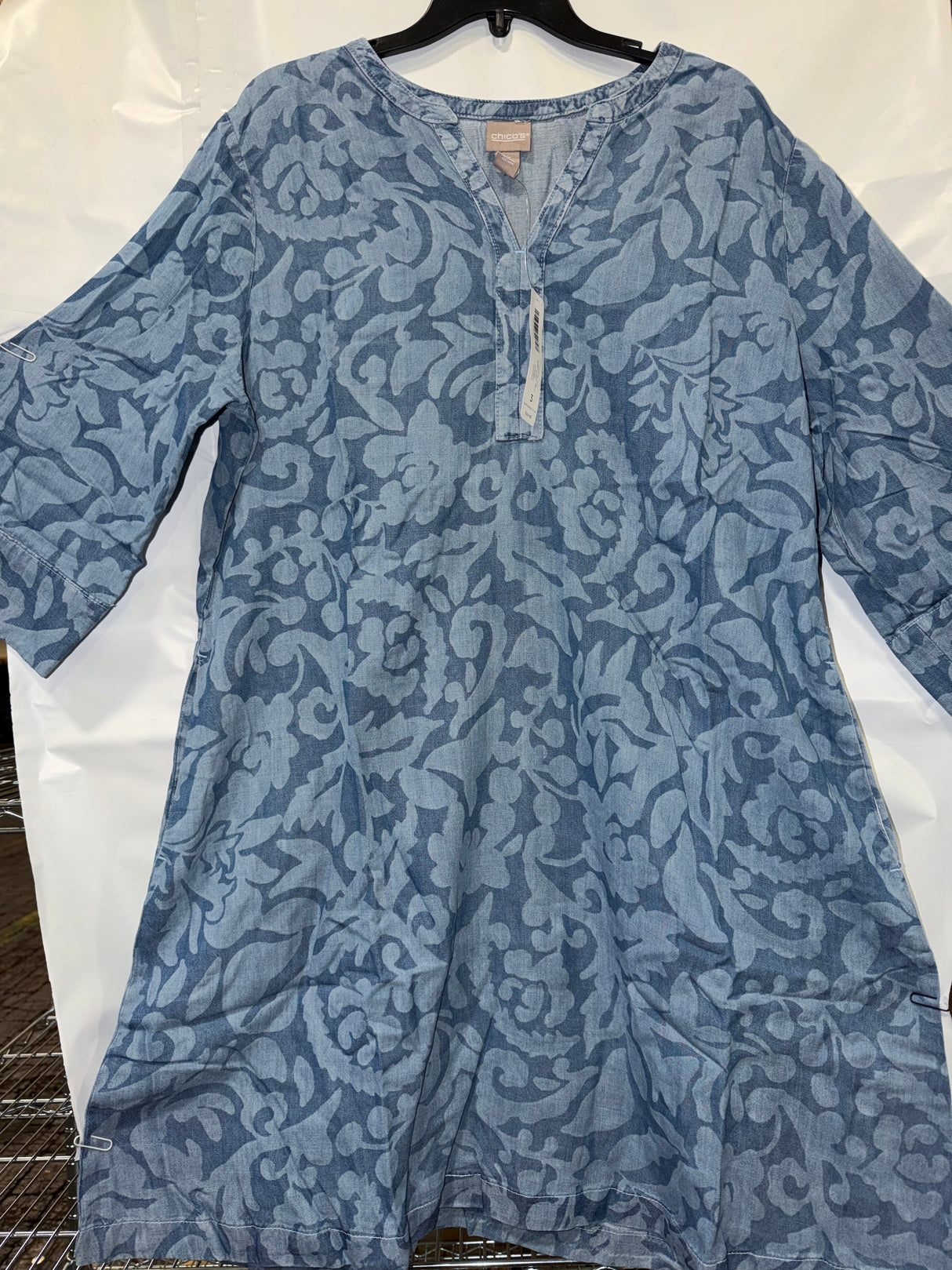 Chico's Foliage Tales Denim LS Knee Dress Short - Chambray