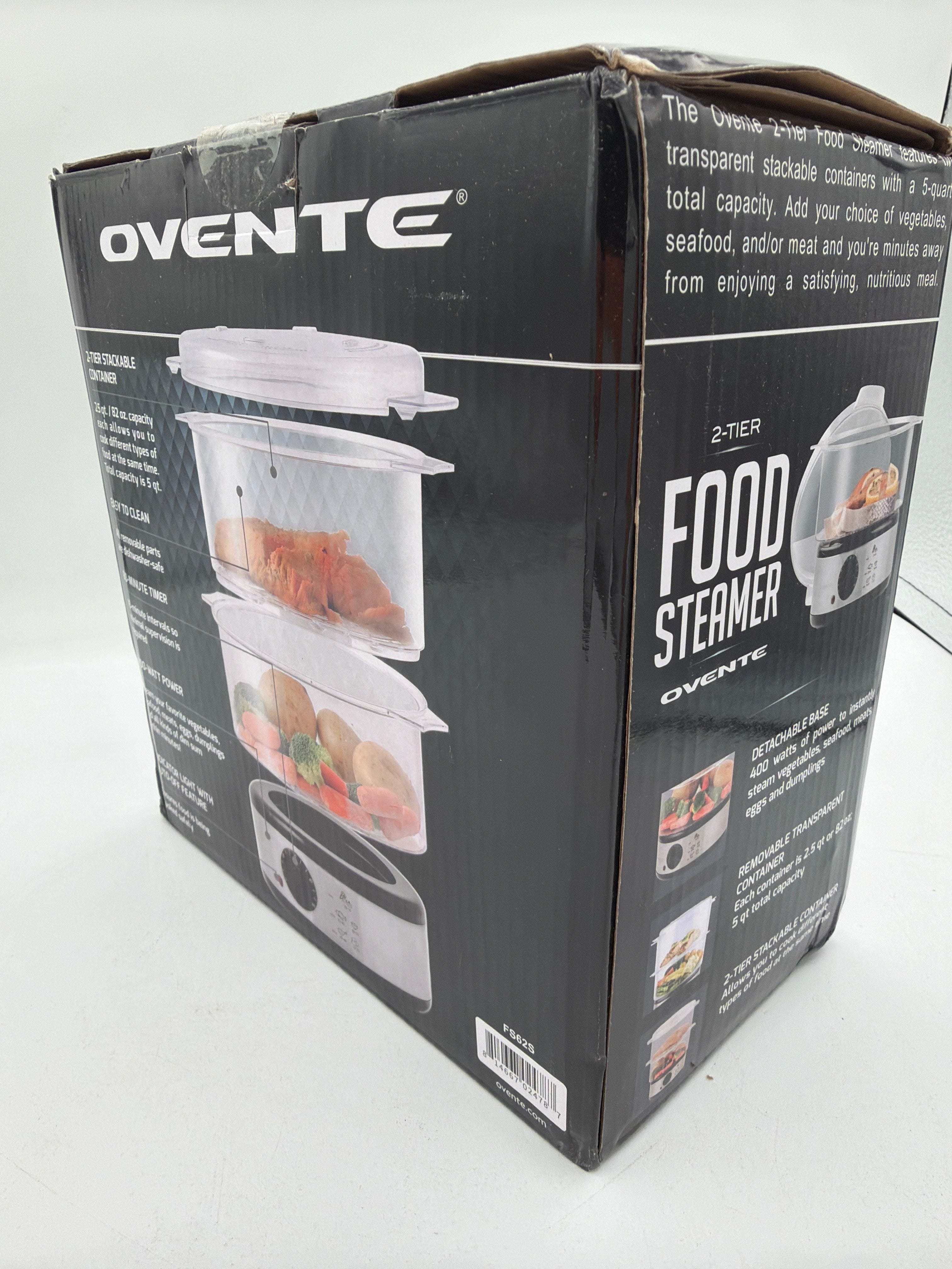 OVENTE 2-Tier Electric Food Steamer, 5 Quart Stainless Steel Stackable Steam Cooker with 400W Power, 60-Minute Timer & Auto Shut-Off