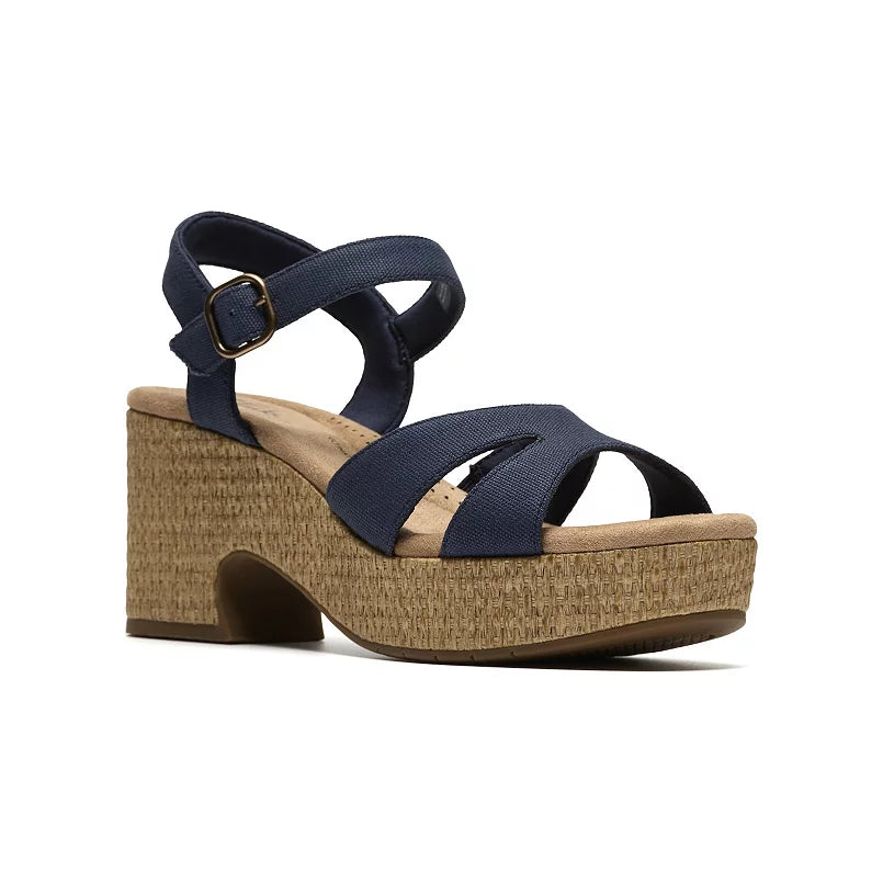 CLARKS Women's Nerisa Twist Wedge Sandal in Navy Canvas - 9W