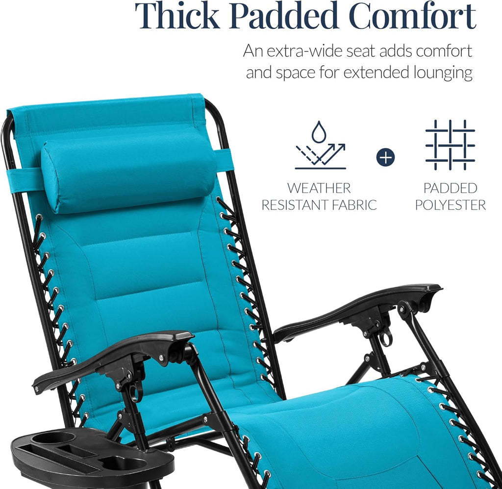 Best Choice Products - Oversized Padded Zero Gravity Chair, Folding Recliner w/ Headrest, Side Tray - Aqua Blue