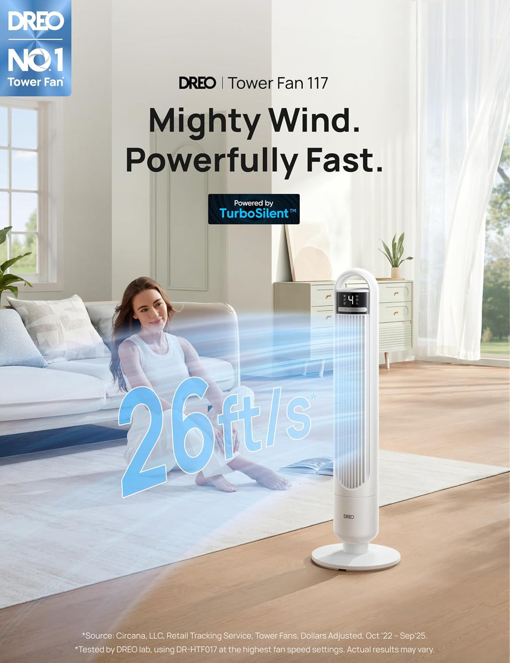 DREO Tower Fan, 4 Speeds, 3 Modes Standing Fans for Room, White