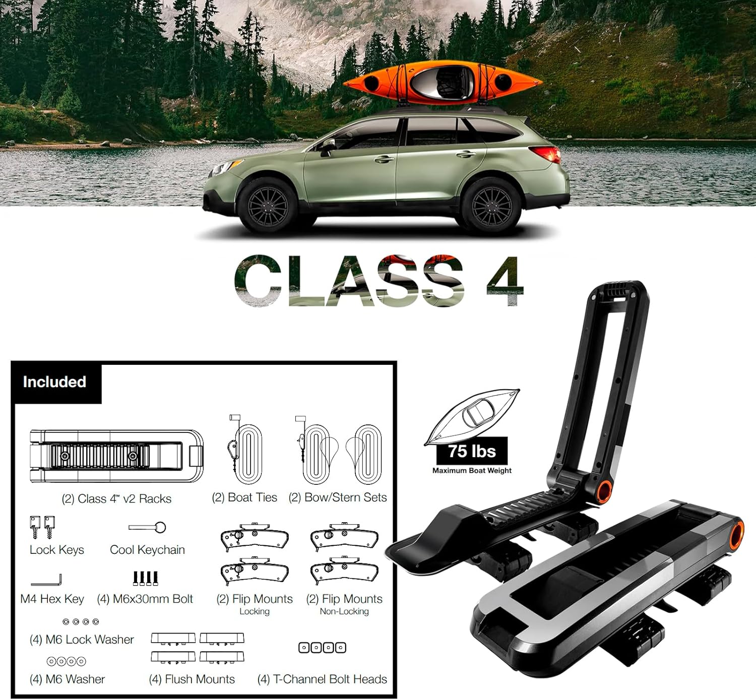 KUAT Class 4 V2 Folding J-Style Kayak Hauling Rack | Durable Rubber-Protected Universal Car SUV Rooftop Crossbar Mounted Boat Transportation System - Gray