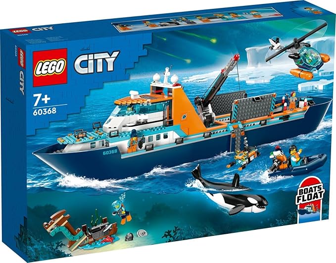 LEGO City Arctic Explorer Ship 60368 Building Toy Set, Fun Toy Gift for 7 Year Old Boys and Girls, with a Floatable Boat, Helicopter, Dinghy, ROV Sub, Viking Shipwreck, 7 Minifigures and an Orca