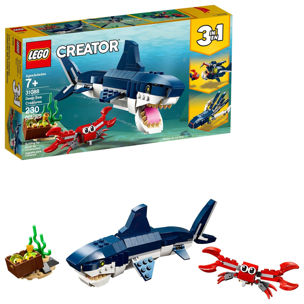 LEGO Creator 3 in 1 Deep Sea Creatures, Transforms from Shark and Crab to Squid to Angler Fish, Sea Animal Toys