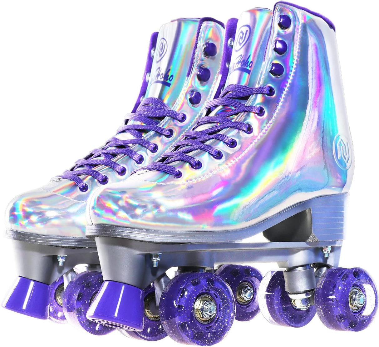 JajaHoho Roller Skates for Women, Holographic High Top PU Leather Rollerskates, Shiny Double-Row Four Wheels Quad Skates for Girls Size: 7