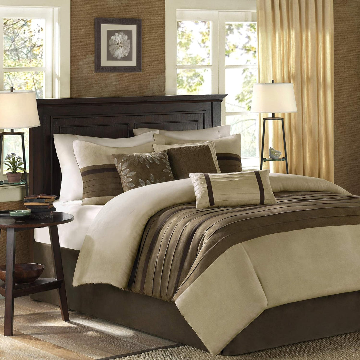 Madison Park Faux Suede Queen Comforter Set with Bed Skirt, Natural, 7pc
