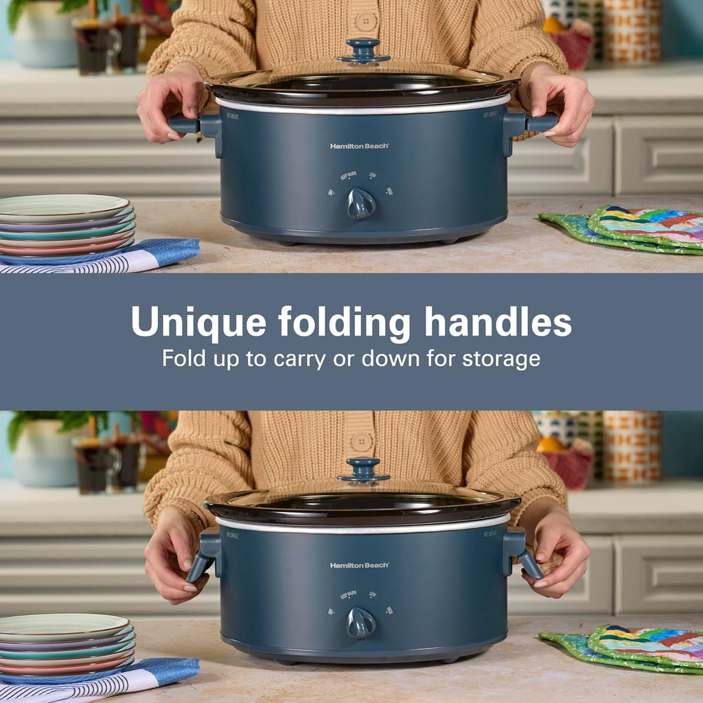 Hamilton Beach 6 Quart Slow Cooker With Space-Saving Folding Handles in Blue - Model: 33608