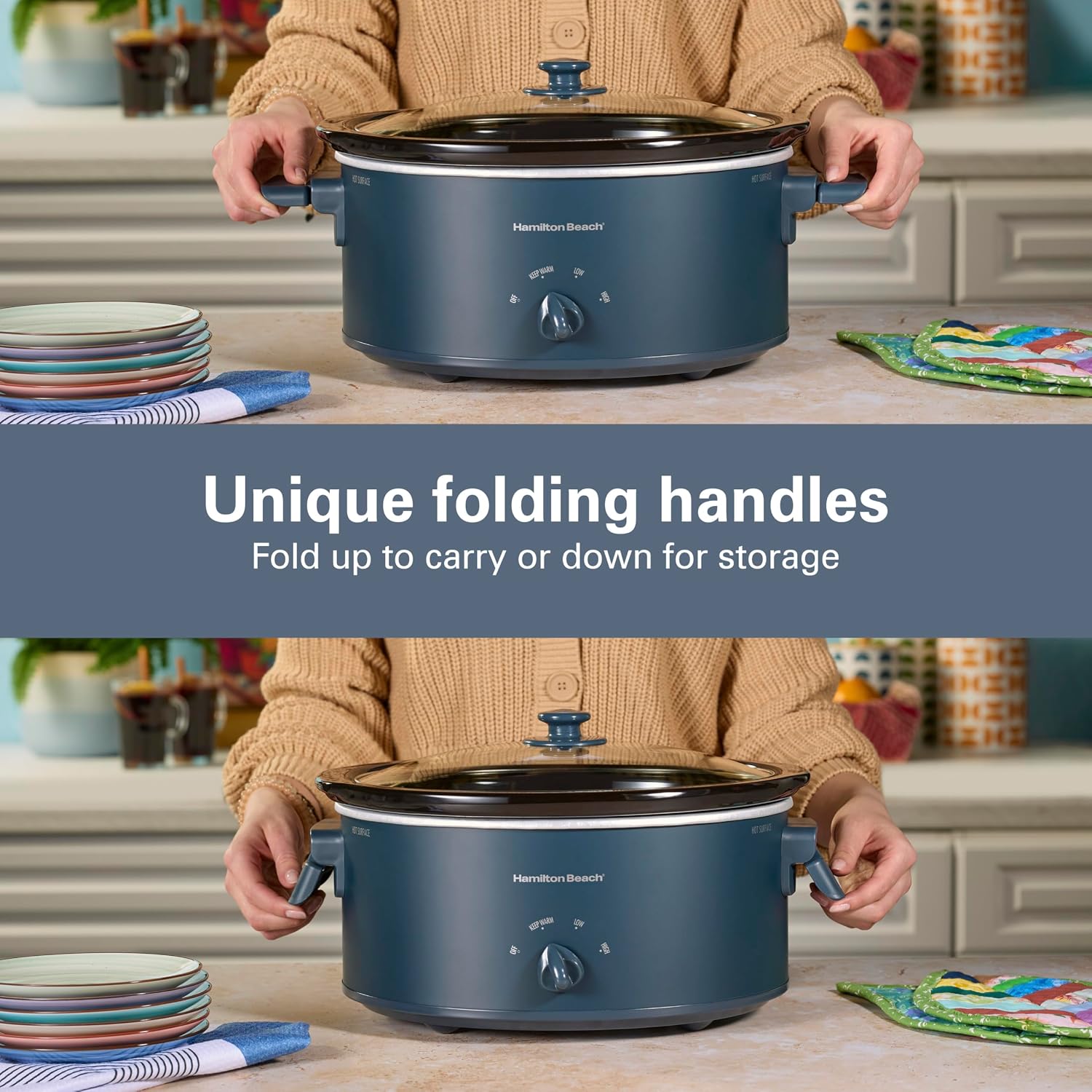 Hamilton Beach 6 Quart Slow Cooker With Space-Saving Folding Handles in Blue - Model: 33608