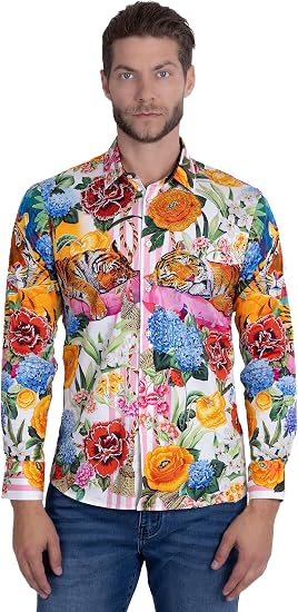 Barabas Men's Tiger Floral Rhinestones Long Sleeve Shirts 6SPR01 (Size: 4XL)