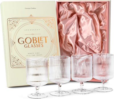 GLASSIQUE CADEAU Vintage Art Deco Ribbed Goblet Cocktail Glasses with Stem | Set of 4 | 10 oz Short Stemmed Crystal Tumblers for Drinking Classic Whiskey, Gin, Vodka Bar Drinks (Copy) (Copy) (Copy)