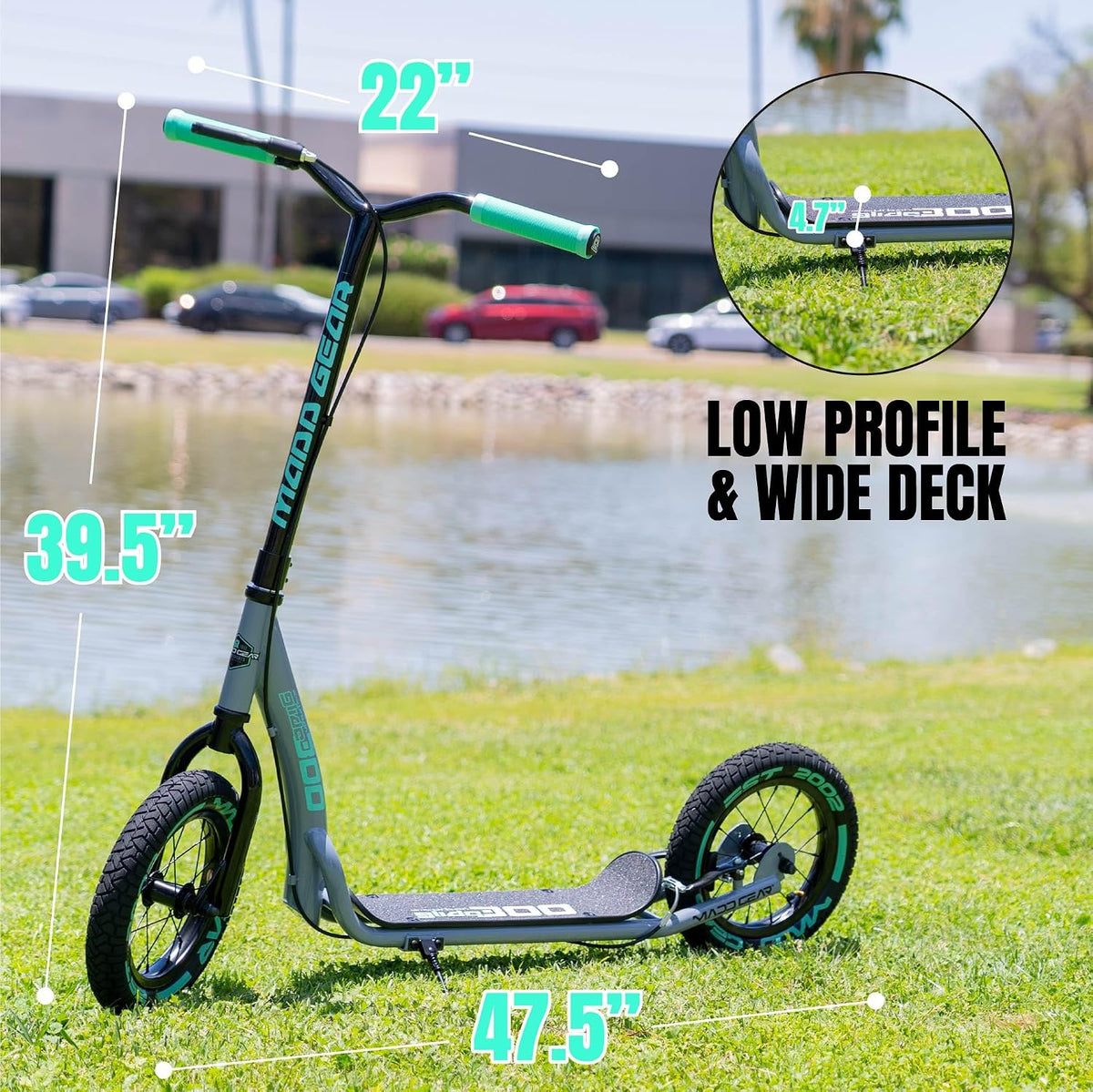 Madd Gear Large Kick Scooter for Adults, Teens, & Kids 8-12 - Grey/Teal