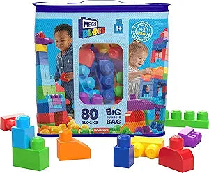 MEGA BLOKS First Builders Toddler Blocks Toys Set, Big Building Bag with 80 Pieces and Storage, Blue, Ages 1+ Years(New Open Box)