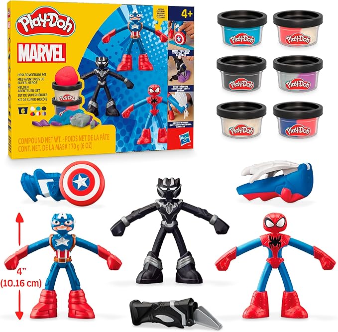 Play-Doh Marvel Hero Adventure Playset, 3 Marvel Action Figures with Wearable Tools, Black Panther, Captain America & Spider-Man Imagination Toys for Boys and Girls Ages 4 and Up