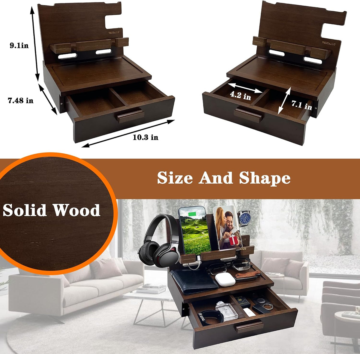 VEIYAILU - Wood Phone Docking Station, Deep Walnut