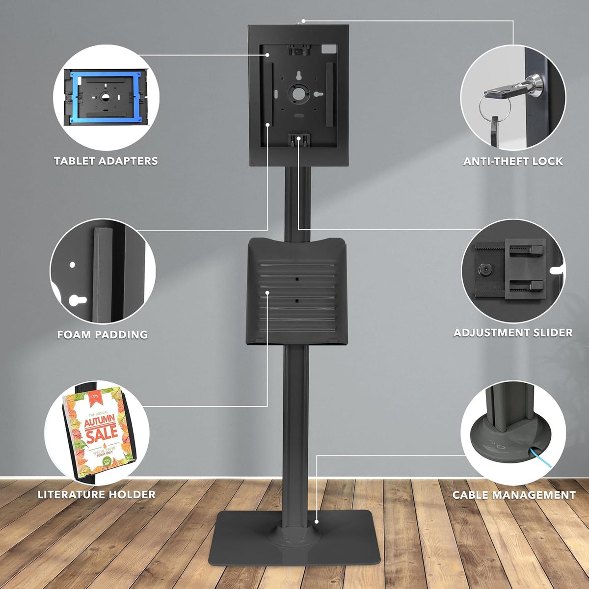 MOUNT-IT! Anti-Theft iPad Tablet Floor Stand Kiosk - Literature Holder - Black - MI-3770B_G10