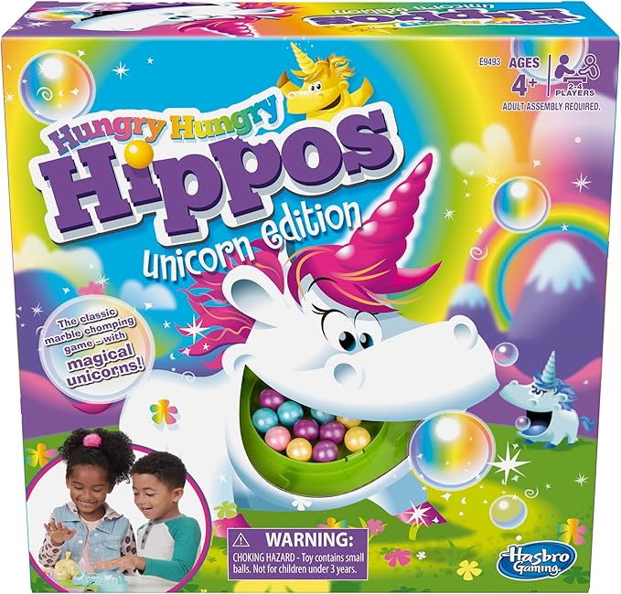 Hasbro Gaming Hungry Hippos Unicorn Edition Pre-School Board Game for Kids Ages 4 and Up; 2-4 Players (New, Open Box)