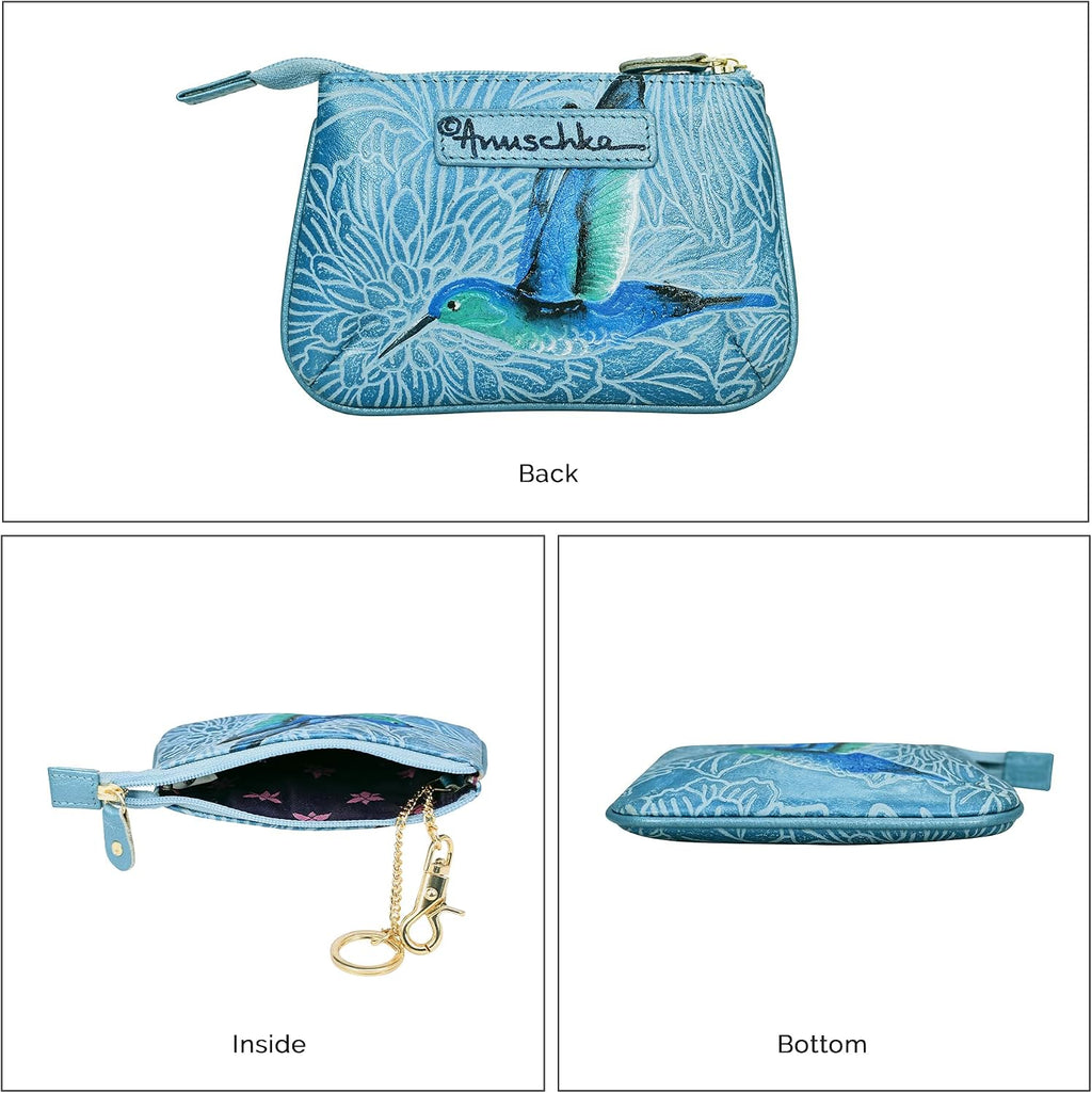 Anuschka Women’s Hand-Painted Genuine Leather Medium Zip Pouch with Key Fobs - Tooled Birds Sky