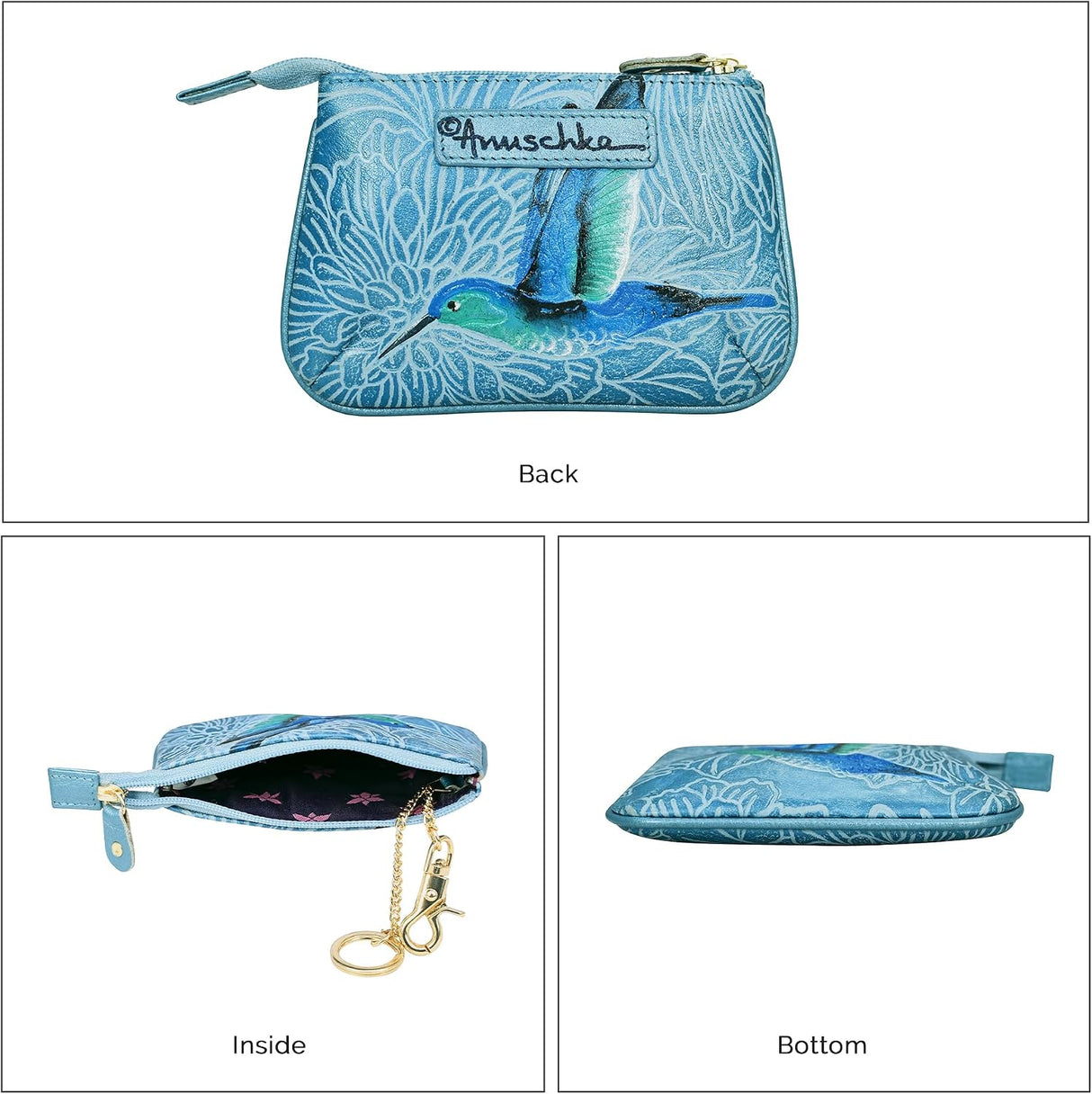 Anuschka Women’s Hand-Painted Genuine Leather Medium Zip Pouch with Key Fobs - Tooled Birds Sky