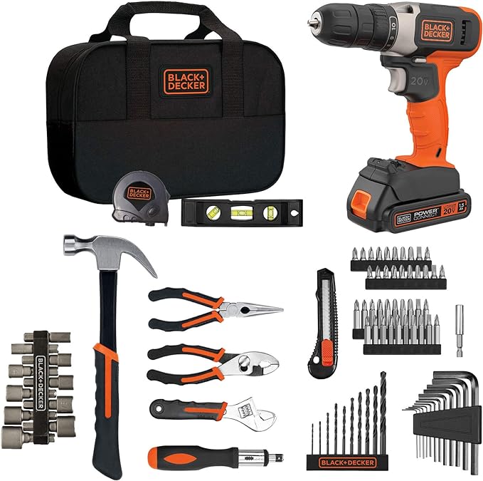 BLACK+DECKER 12V MAX Drill & Home Tool Kit, 60-Piece (BDCDD12PK) with BLACK+DECKER SF100 Wood Stud Finder (Damaged Box)