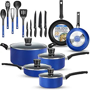 SereneLife 20-Piece Blue Cookware and Knives Set - Includes Multi-Sized Non-Stick Pots and Pans with Tempered Glass Lids, Heat Resistant, Dishwasher Safe, Includes Utensils