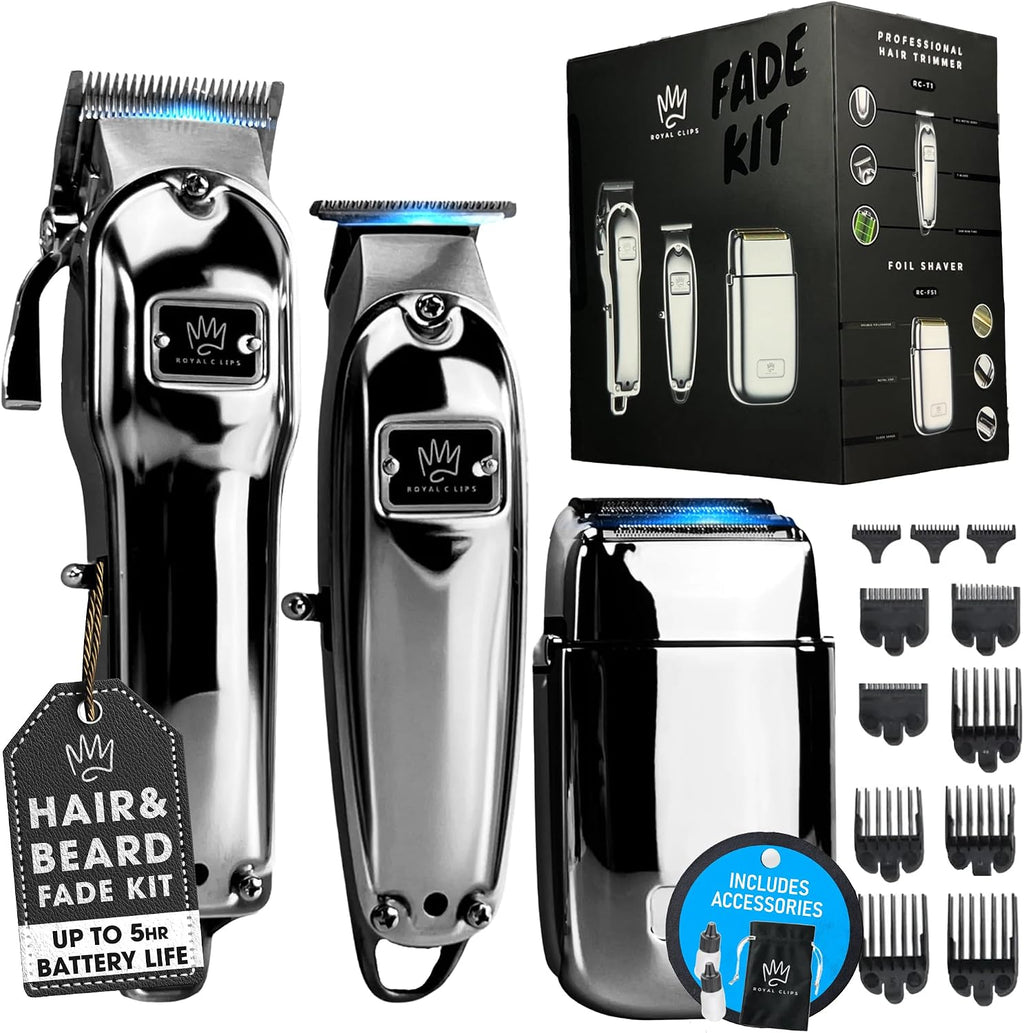 Royal Clips Hair and Beard Fade Kit 1.0 – Professional Clipper, Trimmer & Foil Shaver Bundle for Men, Complete Haircut Set for Home Use & Grooming – 5-Hour Battery, 10pcs Limit Combs