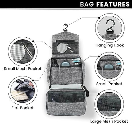 Small Hanging Toiletry Bag for Men Women, Compact Carry On Travel Bag, Grey