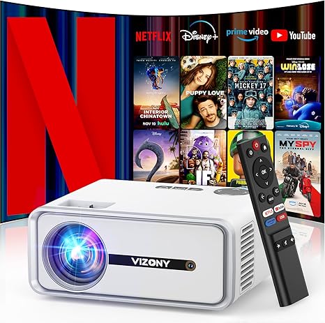 [Netflix Officially/Dolby Audio] Smart Projector with WiFi and Bluetooth, VIZONY Native 1080P Projector with Apps Built in Netflix, Youtube, Hulu, Disney+, Portable Mini Projector for Indoor/Outdoor