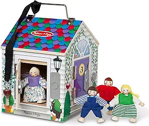 Melissa & Doug Take-Along Wooden Doorbell Dollhouse - Doorbell Sounds, Keys, 4 Poseable Wooden Dolls Portable Doll House, Doorbell House For Kids Ages 3+(New Open Box)