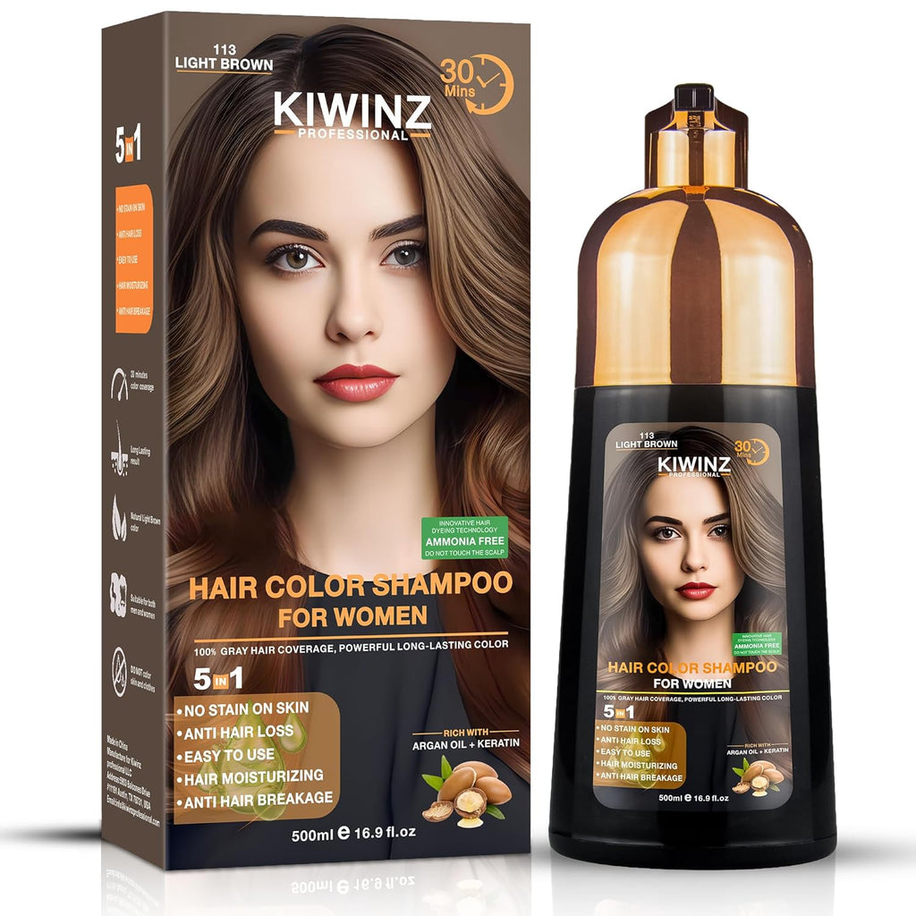 Kiwinz Hair Color Shampoo – 5 in 1 Hair Dye Shampoo for Grey Hair - Instant Hair Dye with 100% Color Accuracy Enriched with Natural Ingredients (113 Light Brown)