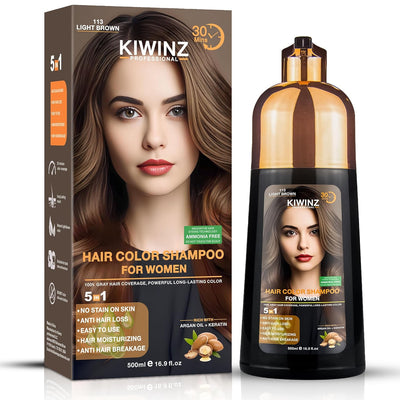 Kiwinz Hair Color Shampoo – 5 in 1 Hair Dye Shampoo for Grey Hair - Instant Hair Dye with 100% Color Accuracy Enriched with Natural Ingredients (113 Light Brown)
