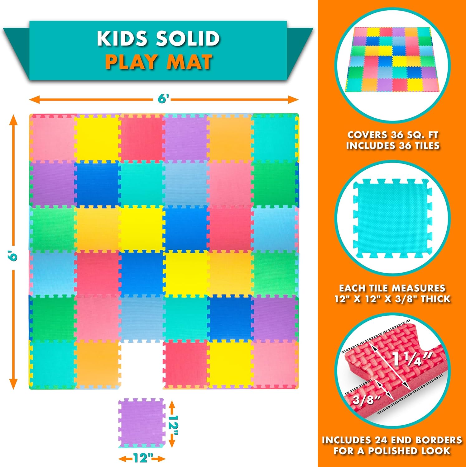 ProSource Play Mat, Soft Foam Floor Tiles for Kids, Interlocking EVA Panels for Playpen Use, Crawling Development Surface, Safe Non-Toxic Toddler Flooring, 36 Tiles, Multicolor