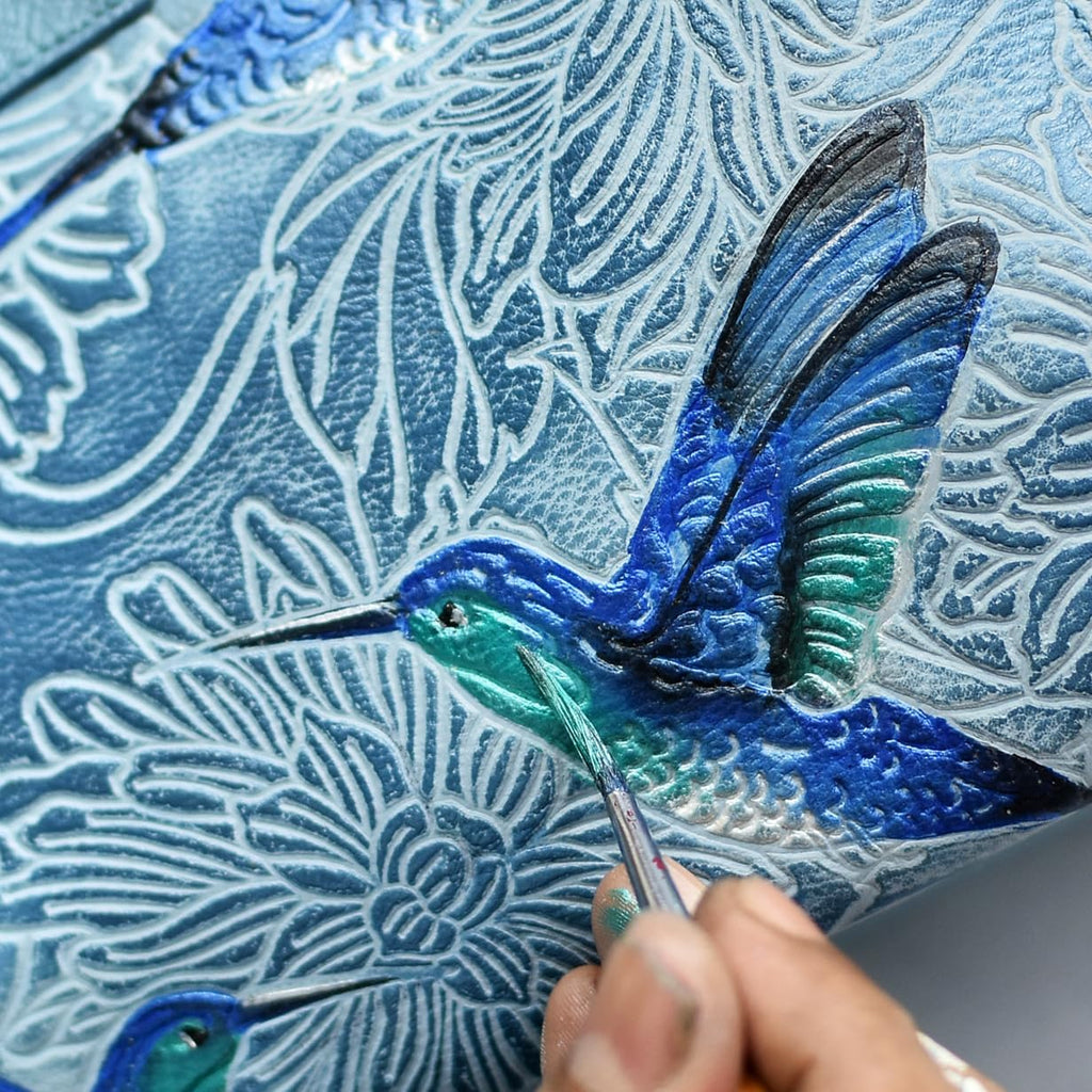 Anuschka Women’s Hand-Painted Genuine Leather Medium Zip Pouch with Key Fobs - Tooled Birds Sky