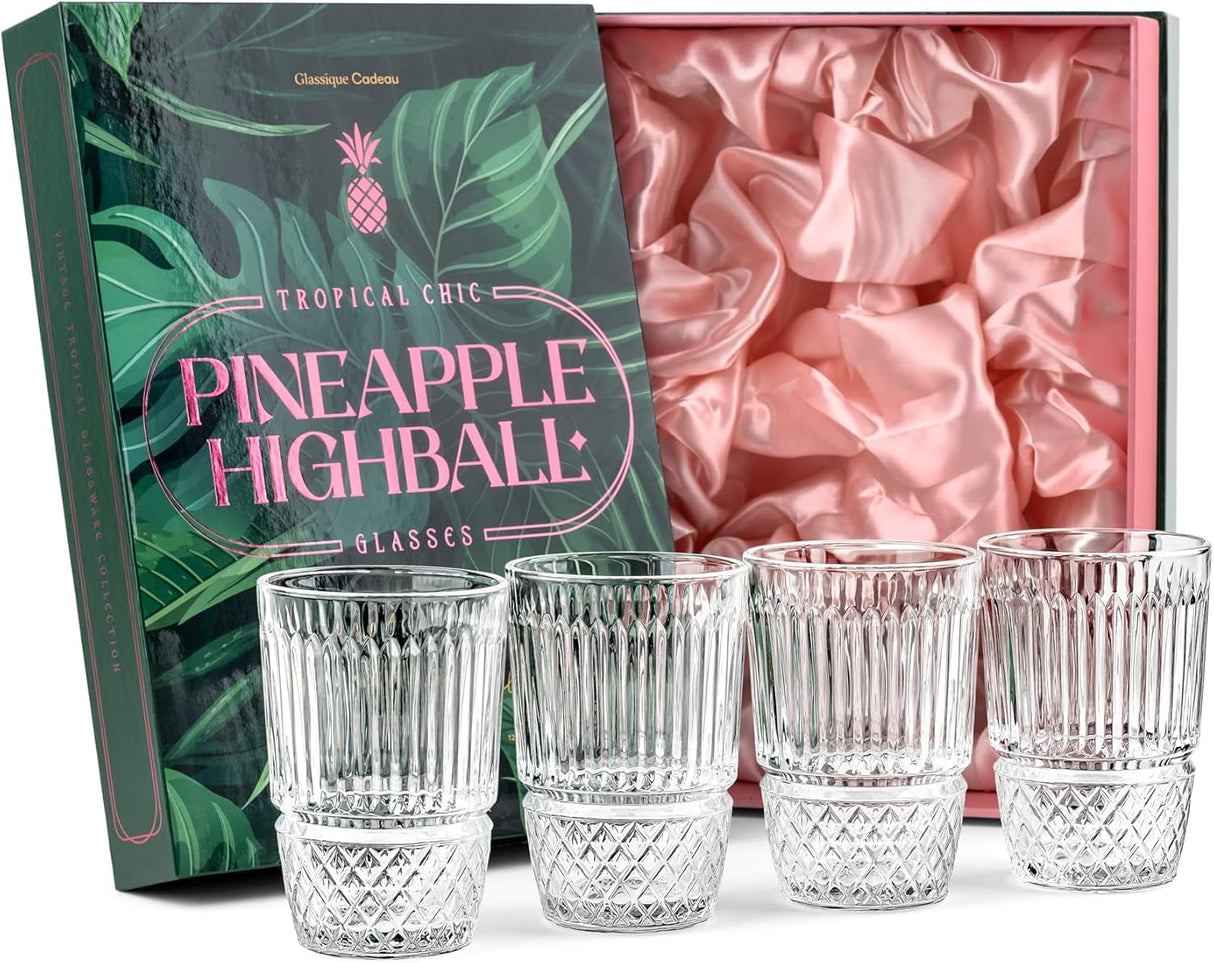 GLASSIQUE CADEAU Vintage Pineapple Gin and Rum Highball Cocktail Glasses | Set of 4 | NEW