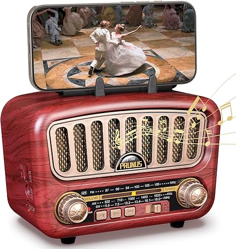 PRUNUS J-180 Vintage Retro Radio Bluetooth Speaker with Stereo Sound, AM FM Radio Portable with Loud Volume, BT5.0, TF Card & MP3 Player, Rechargeable Speaker