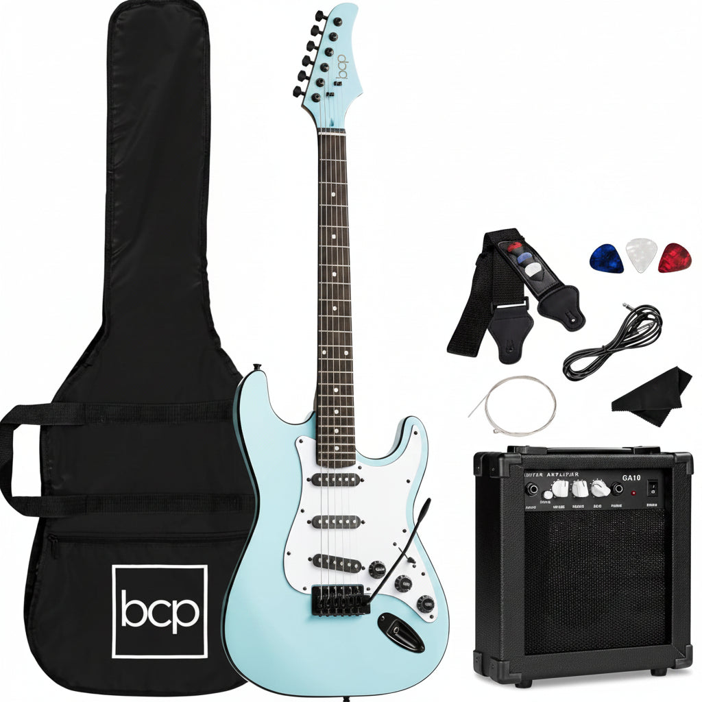 Best Choice Products - Beginner Electric Guitar Kit w/ Case, 10W Amp, Tremolo Bar - 39in - Powder Blue