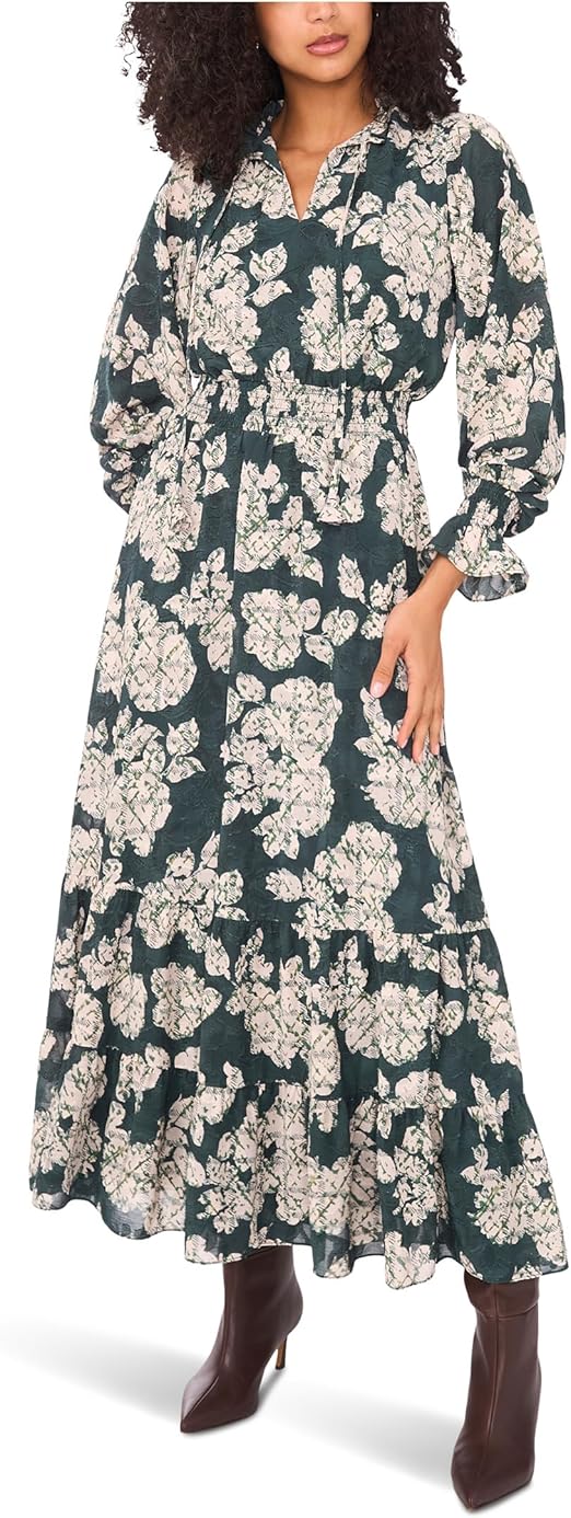 Vince Camuto Women's Long Sleeve Smocked Waist Tiered Ruffle