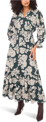 Vince Camuto Women's Long Sleeve Smocked Waist Tiered Ruffle