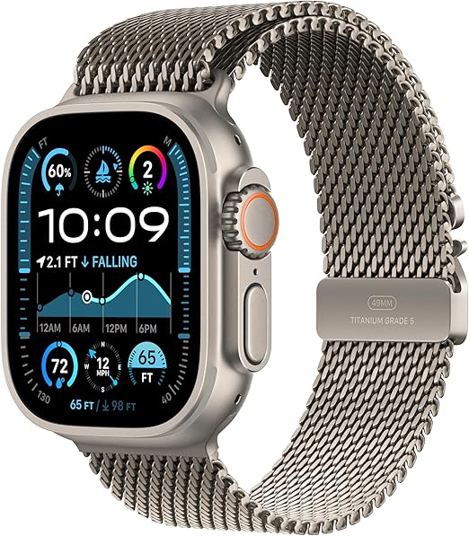 Apple Watch Ultra 2 [GPS + Cellular 49mm] Smartwatch, Sport Watch with Natural Titanium Case with Natural Titanium Milanese Loop - Medium. Fitness Tracker, Precision GPS, Carbon Neutral