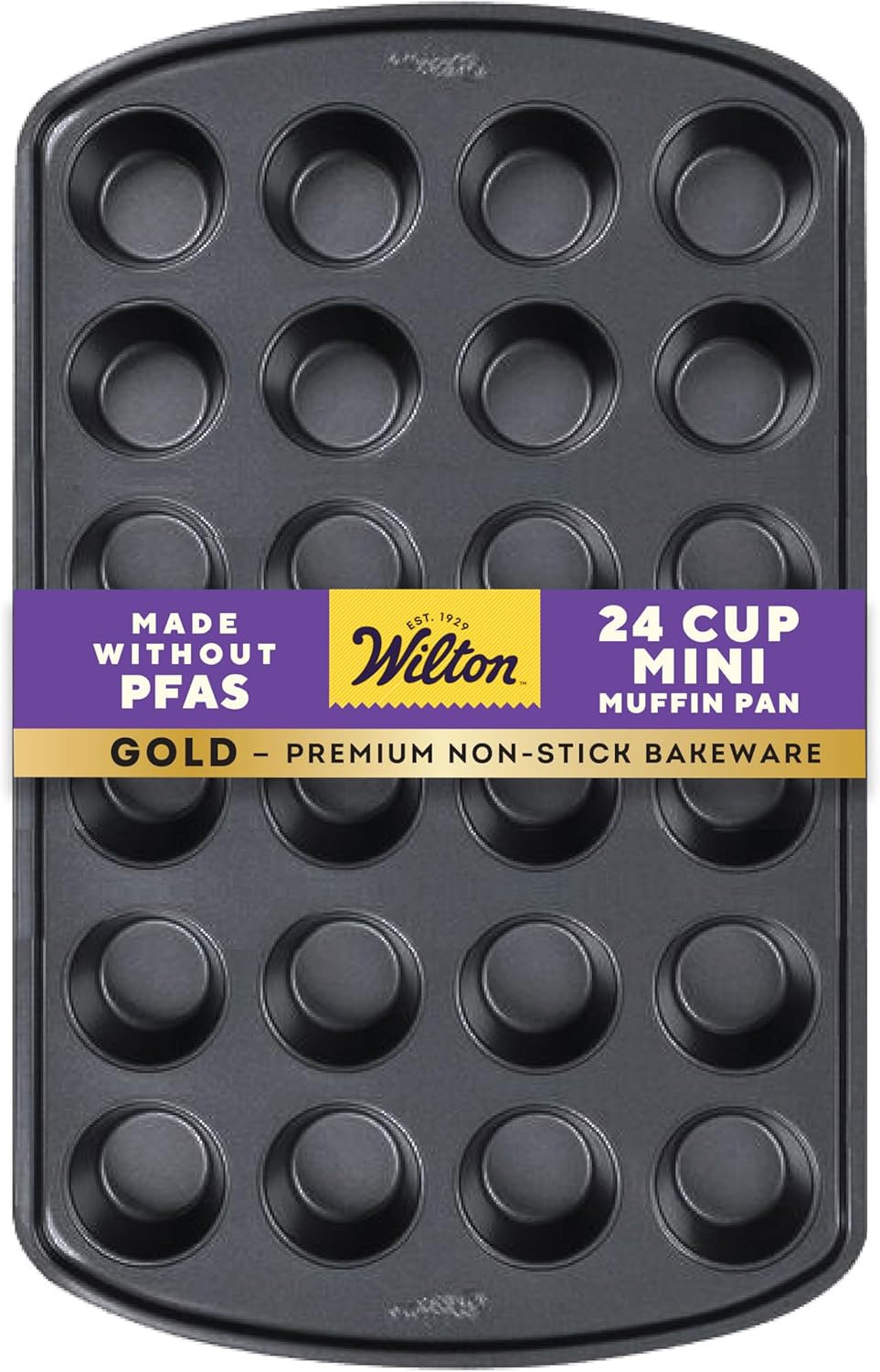 Wilton Gold Non-Stick 24-cup Muffin Pan, Stainless Steel Bakeware, Made without PFAs, 16 x 10 x 1 in.,