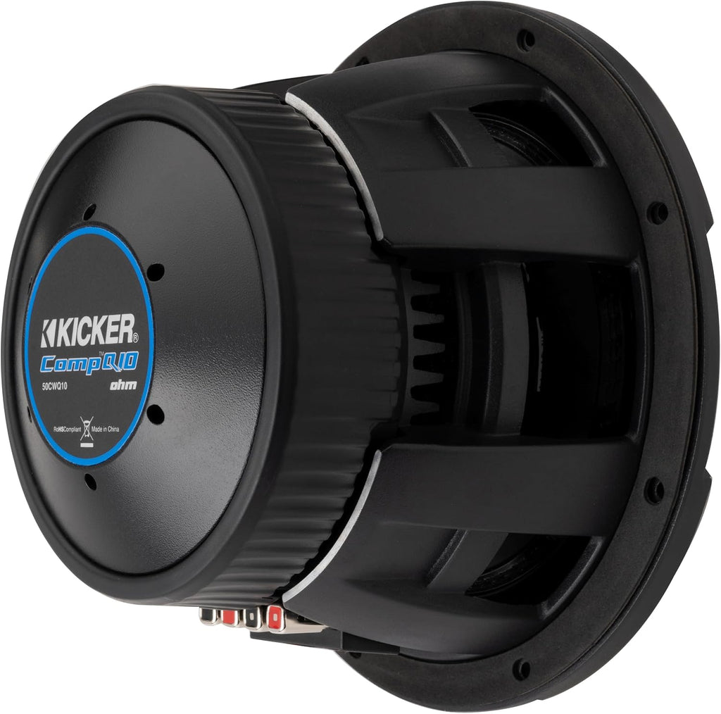 KICKER CompQ 10"(25cm) Subwoofer, 51CWQ104, DVC 4-ohm, 800 Watts RMS, 1600 Watts Peak, Forced-Air Cooling, Increased Power Handling, Car, Truck, SUV, UTV