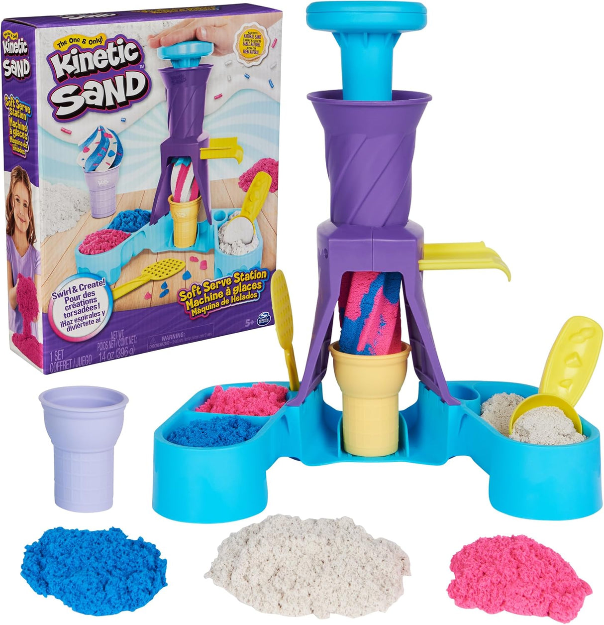 Kinetic Sand, Soft Serve Station with 14oz Play Sand (Blue, Pink & White), 2 Ice Cream Cones & 2 Tools, Sensory Toys for Kids Ages 5 and up