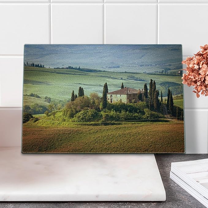 Lunarable Tuscan Cutting Board, Tuscany Seen from Stone Village of Montepulciano Italy in Cloudy Day, Decorative Tempered Glass Cutting and Serving Board