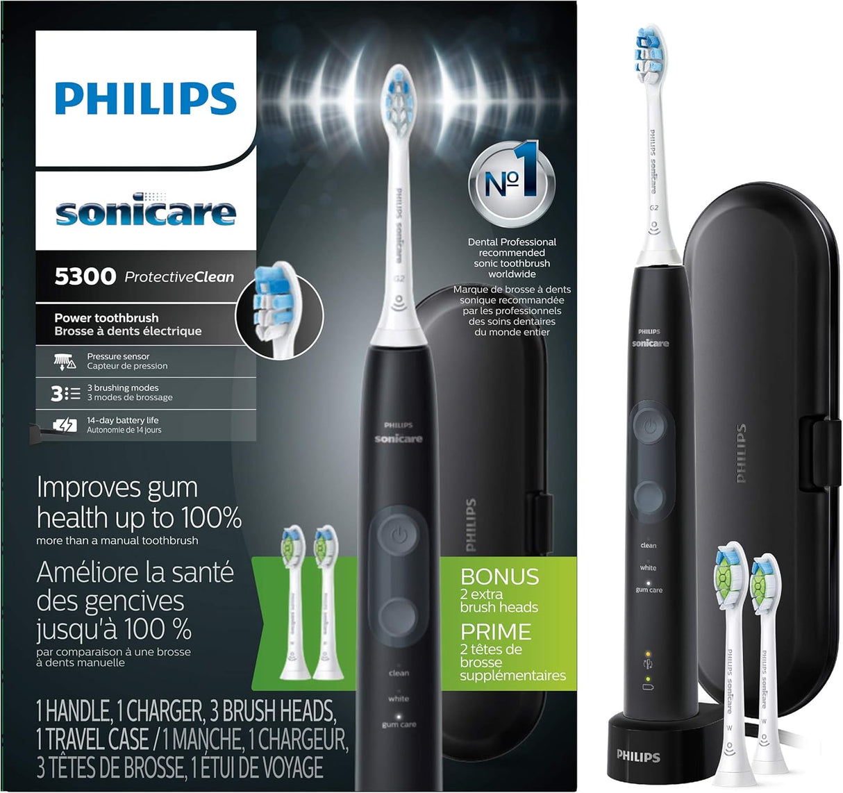 Philips Sonicare ProtectiveClean 5300 Rechargeable Electric Toothbrush, with Pressure Sensor, 3 Cleaning Modes, SmarTimer and QuadPacer, with 2 Bonus Brush Heads, Travel Case, Black, Model HX6423/34 (NEW, OPEN BOX)