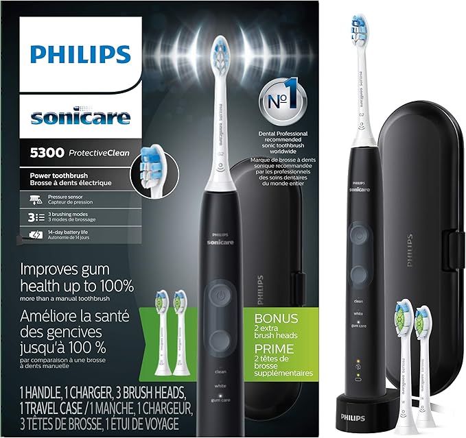 Philips Sonicare ProtectiveClean 5300 Rechargeable Electric Toothbrush, with Pressure Sensor, 3 Cleaning Modes, SmarTimer and QuadPacer, with 2 Bonus Brush Heads, Travel Case, Black, Model HX6423/34