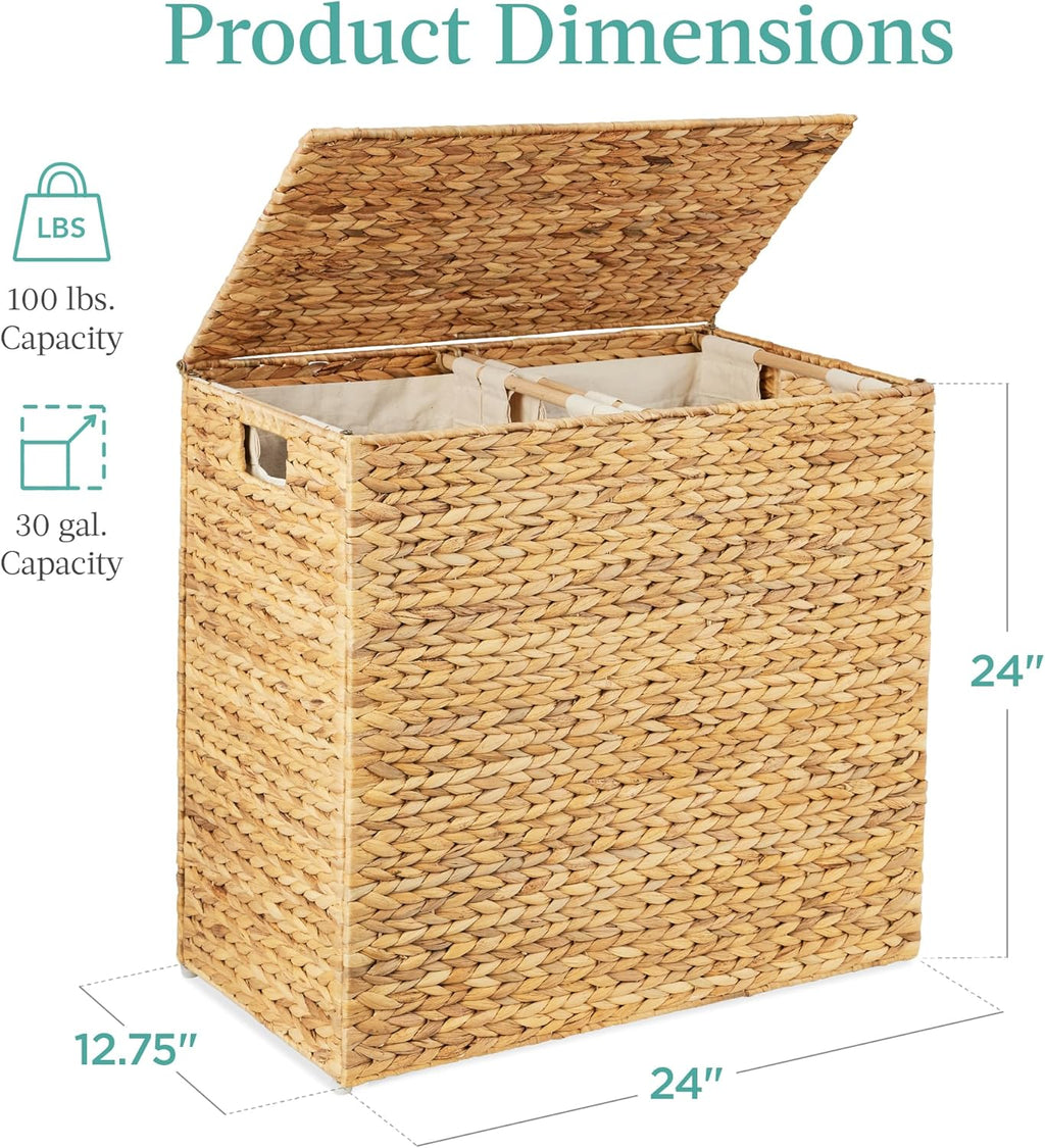 Large Water Hyacinth Laundry Hamper Basket – Double Sorter with 2 Liner Bags, Natural